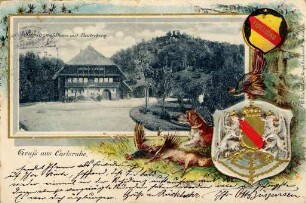 Postkartenalbum mit Motiven von Karlsruhe. "Gruß aus Karlsruhe. Schwarzwaldhaus mit Lauterberg"