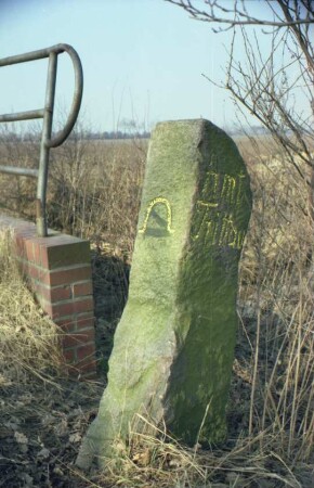 Struvenhütten / Sievershütten (Kreis Segeberg): Grenzstein zwischen Amt Segeberg und Amt Trittau: Seite Trittau: auf Schmalseite Hufeisen-Symbol