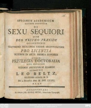 Specimen Academicum Sistens Nonnulla De Sexu Sequiori