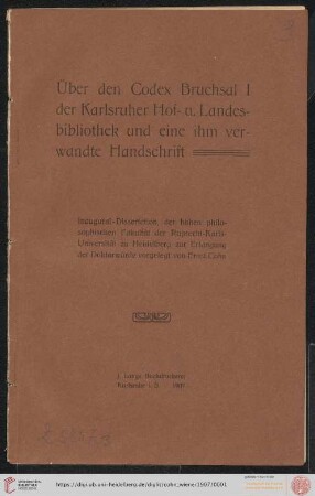 Über den Codex Bruchsal I der Karlsruher Hof- u. Landesbibliothek und eine ihm verwandte Handschrift