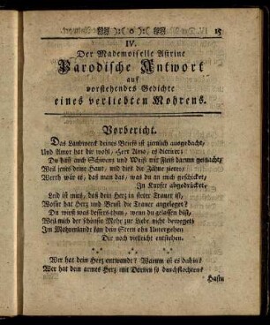 IV. Der Mademoiselle Astrine Parodische Antwort auf vorstehendes Gedichte eines verliebten Mohrens.