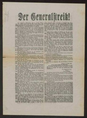 Aufforderung zur Weiterführung des Generalstreiks "Der Generalstreik !", Aktionsausschuss des geeinigten Proletariats, 44,5x31 cm