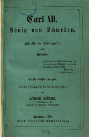 Carl XII. König von Schweden : Klassische Ausgabe