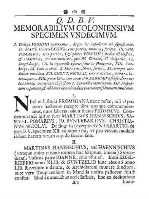 Q. D. B. V. MEMORABILIVM COLONIENSIVM SPECIMEN VNDECIMVM