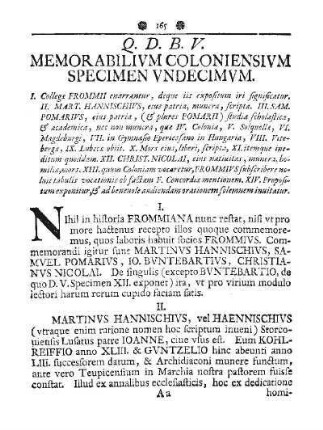 Q. D. B. V. MEMORABILIVM COLONIENSIVM SPECIMEN VNDECIMVM