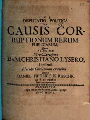 Disp. polit. de causis corruptionum rerumpublicarum