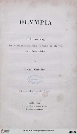 Olympia : ein Vortrag im wissenschaftlichen Verein zu Berlin