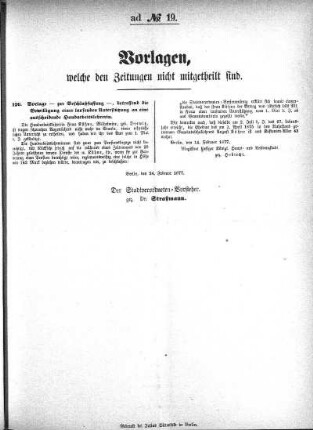 Vorlagen, welche den Zeitungen nicht mitgetheilt sind