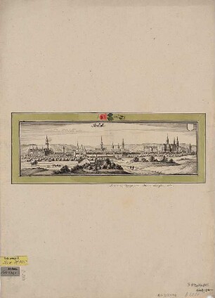 Ansicht von Arnstadt, Kupferstich, 1650 : Arnstatt / [Stecher Matthaeus Merian]. - [Franckfurt] : [Matthaeus Merian] , [1650]. - 1 Kunstbl. : Kupferst. ; 32 x 10 cm