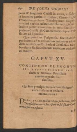 Caput XV. Continens Elenchum Seu Refutationem Succinctam errorum Pontificiorum in negocio Eucharistiae.