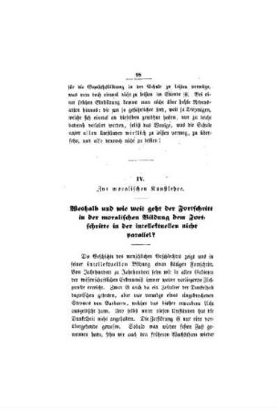 Zur moralischen Kunstlehre : Weshalb und wieweit geht der Fortschritt in der moralischen Bildung dem Fortschritte in der intellektuellen nicht parallel?