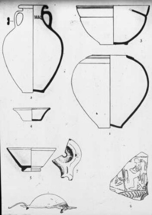 Krug, Schalen, Vase, Teil einer Öllampe, Scherbe