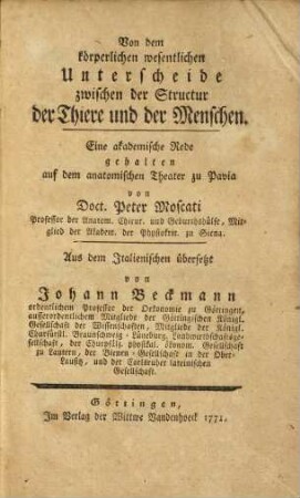 Von dem körperlichen wesentlichen Unterscheide zwischen der Structur der Thiere und der Menschen : Eine akademische Rede gehalten auf dem anatomischen Theater zu Pavia