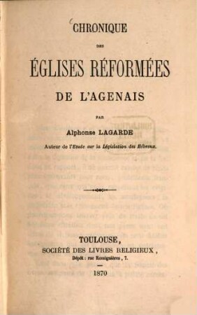 Chronique des églises réformées de l'Agenais