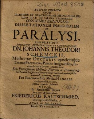 Dissertationem Inauguralem De Paralysi