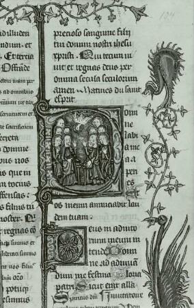 Illuminierte Seite des Psalterium cum variia divini :officii pertibus, Initiale D mit Binnenzeichnung (Ausgießung des Heiligen Geistes) und Rankenwerk mit Drolerien