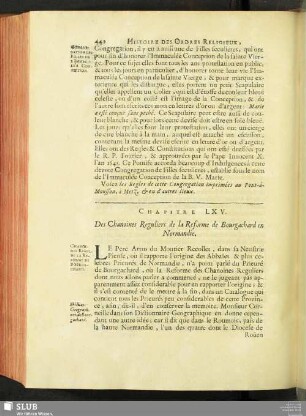 Chapitre LXV. Des Chanoines Reguliers de la Reforme de Bourgachard en Normandie