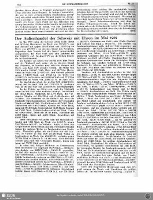 Der Außenhandel der Schweiz mit Uhren im Mei 1929