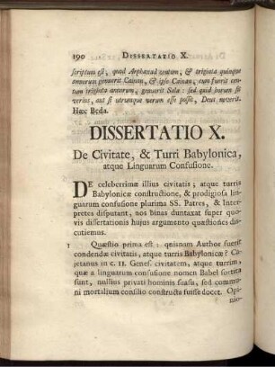 Dissertatio X. De Civitate, & Turri Babylonica, atque Linguarum Consusione.