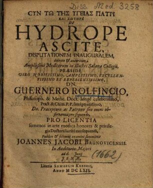 De Hydrope Ascite, Disputationem Inauguralem