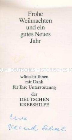 Weihnachtskarte der Deutschen Krebshilfe mit Dank für die Unterstützung, handsigniert von Mildred Scheel