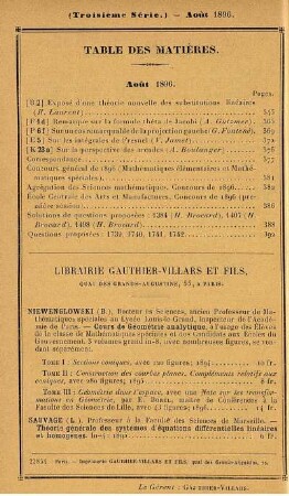 Table des matières. Août 1896.