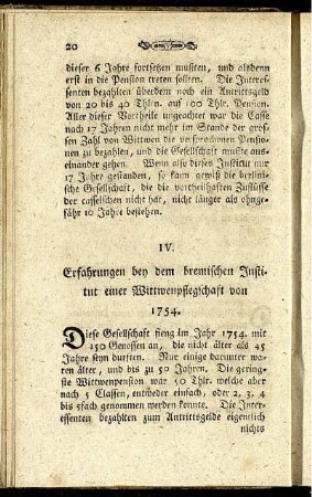 IV. Erfahrungen bey dem bremischen Institut einer Wittwenpflegschaft von 1754.