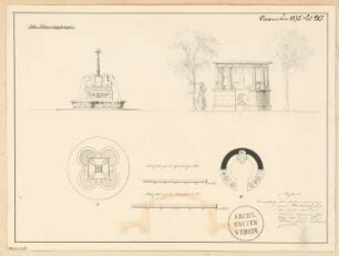 Brunnen Monatskonkurrenz November 1875: 2 Varianten mit je Grundriss und Aufriss; 2 Maßstabsleisten, Erläuterungstext