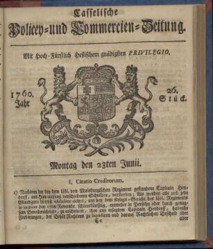 26. Stueck, Montag den 23ten Junii 1760