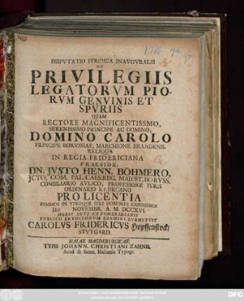 Dispvtatio Ivridica Inavgvralis De Privilegiis Legatorvm Piorvm Genvinis Et Spvriis