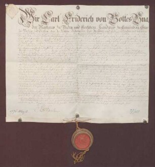 Erblehenbrief des Markgrafen Karl Friedrich von Baden über die herrschaftliche Mahlmühle zu Oos für Johann Martin Schmalholz