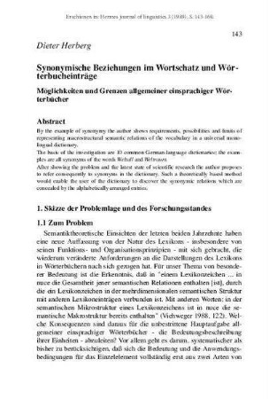 Synonymische Beziehungen im Wortschatz und Wörterbucheinträge. Möglichkeiten und Grenzen allgemeiner einsprachiger Wörterbücher