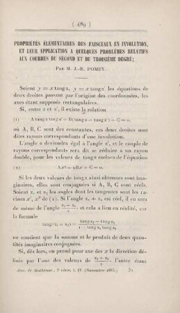 Propriétés élémentaires des faisceaux en involution, et leur application a quelques problèmes relatifs aux courbes du second et du troisième degré.