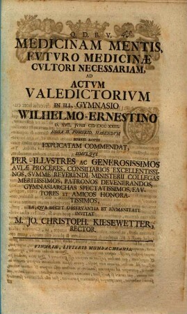 Medicinam mentis, futuro medicinae cultori necessariam