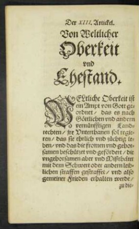 Der XIII. Artickel. Von Weltlicher Oberkeit und Ehestand.