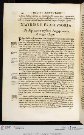 Diatribe II. Praelvsoria: De Alphabeto mystico Aegyptiorum, & lingua Copta