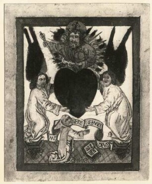 Gott Vater mit von Engeln getragenem Herzen Jesu, darunter Stifter mit Band : Gott Vater mit von Engeln getragenem Herzen Jesu, darunter Stifter mit Band. Holzschnitt (Meister J. H. C.)