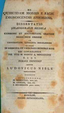 De quibusdam morbis e facie dignoscendis aphorismi : dissertatio inauguralis medica