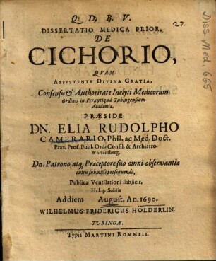 Dissertatio Medica ... De Cichorio. 1