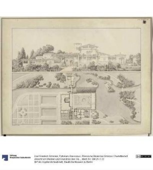 Potsdam-Sanssouci. Römische Bäder bei Schloss Charlottenhof. Ansicht von Westen und Grundriss des Gärtnerhauses