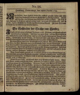 No. 15. Hamburg, Donnerstags, den achten October 1739.