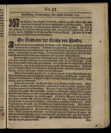 No. 15. Hamburg, Donnerstags, den achten October 1739.