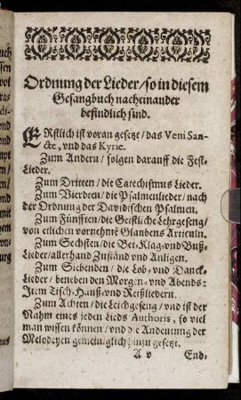 Ordnung der Lieder/ so in diesem Gesangbuch nacheinander befindlich sind.