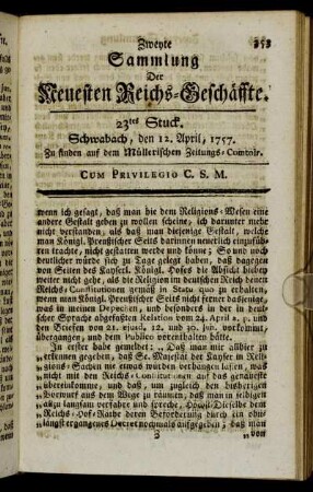 23tes Stuck. Schwabach, den 12. April, 1757.