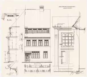Fassaden der nach dem Brand am 17. Juni 1915 wiederaufgebauten Häuser, Duderstadt: Aufriss: Ansicht von der Straße 1:50; Fassadenschnitte horizontal und vertikal 1:50; Details 1:10: Haustür (mit Vertikalschnitt) und Gesims