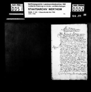 Testament des Grafen Friedrich Ludwig zu Löwenstein-Wertheim.