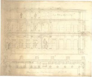Thiersch, August ; Athen (Griechenland); Stoa des Hadrian - Hauptsaal (Grundriss, Ansicht m. Schnitt)
