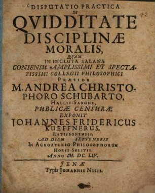 Disputatio practica de quidditate disciplinae moralis