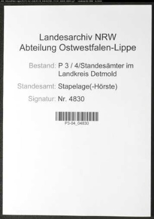 Sterberegister Standesamt Stapelage(-Hörste)