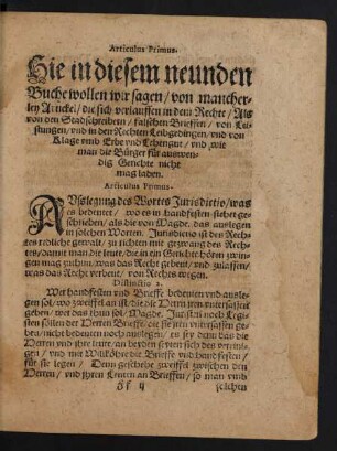 [Liber Nonus] Hie in diesem neunden Buche wollen wir sagen/ von mancherley Artickel/ die sich verlauffen in dem Rechte/ ...